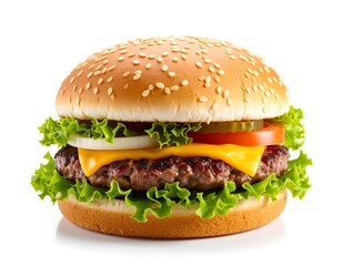 Close-up of a Classic Cheeseburger on a White Background.