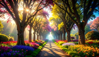 A vibrant flower-lined avenue bathed in the golden light of morning sun, showcasing a spectacular array of colors and textures.