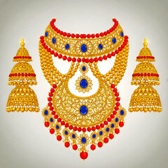 Illustration of golden necklaces and earrings with red and blue gems on a white background