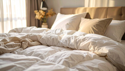 Cozy Bedroom Interior with Crumpled Bedding and Morning Sunlight Ambiance