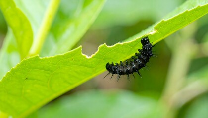 Close-up of a black caterpillar on a vibrant green leaf