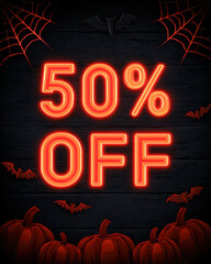 A vibrant Halloween-themed sign displays "50% OFF" in neon letters, accented by bats, spider webs, and pumpkins, creating a festive shopping atmosphere.