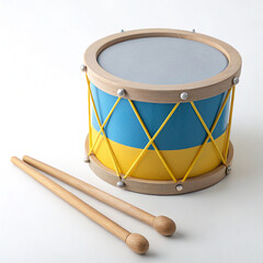 3d illustration of a colorful toy drum with blue and yellow stripes and two wooden drumsticks isolated on white background
