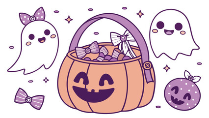 Pastel Halloween Pattern with Purple Colored Cute Ghosts and Pumpkins Silhouette Vector Illustration  