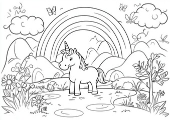 Magical unicorn and rainbow coloring book illustration, showing a happy unicorn standing under a big rainbow, surrounded by fluffy clouds, flowers, and butterflies, easy to color, 
