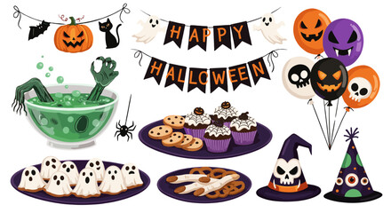 A spooky collection of Halloween-themed decorations, including banners, balloons, treats and decorations