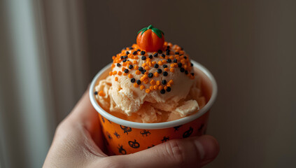 Hand holding a small paper cup of orange pumpkin spice ice cream topped with a pumpkin candy and sprinkles.