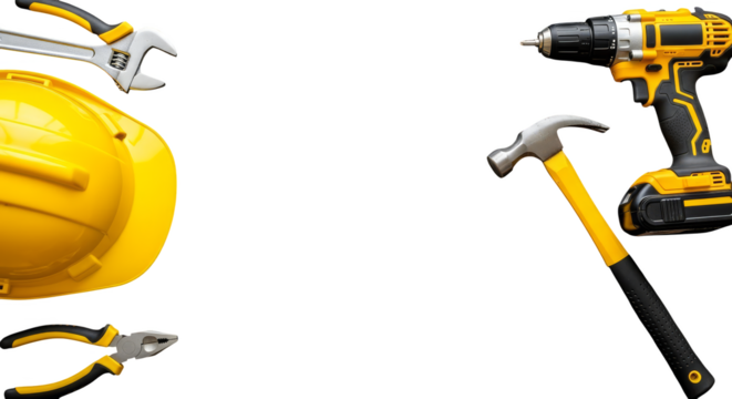 Construction tools yellow hat wrench drill hammer - Powered by Adobe