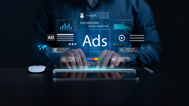 Digital marketing and online advertising concept. Professional analyzes ad performance dashboard with data and charts. customer engagement insights, social media strategy, audience targeting, SEO.
