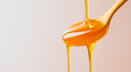 Golden honey drips from a spoon, showcasing its rich texture and viscosity against a gentle gradient background.