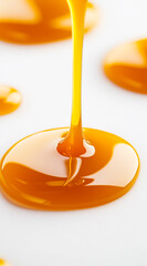 Golden honey drops glistening on a white surface, showcasing the texture and rich color of this natural sweetener.