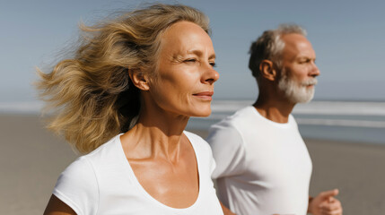 Mature caucasian couple enjoying a beach jog on a sunny day