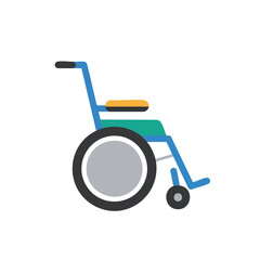 Illustration of a blue wheelchair with gray wheels, designed for mobility and patient care.