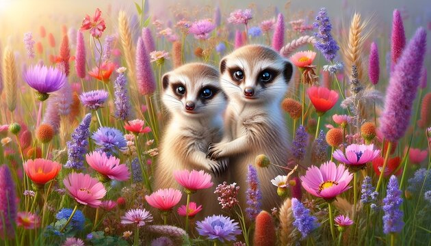 two adorable meerkats nestled together in a vibrant wildflower meadow. the image has a wonderfully whimsical, almost fairy-tale quality to it