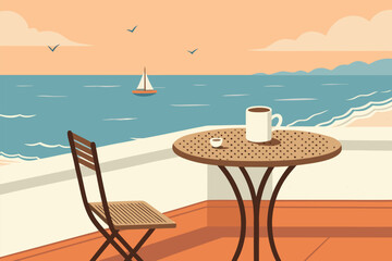 Seaside cafe table with coffee and ocean view.