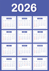 Monthly calendar layout for  Year 2026 . Diary planner for Year 2026 . Week Starts on Sunday.  