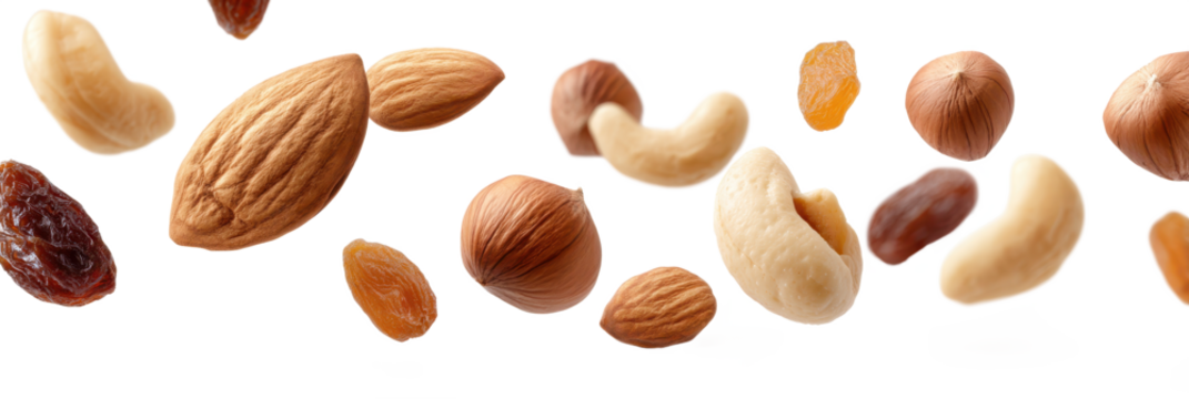 Assorted nuts and dried fruits floating in mid-air on transparent background. Includes almonds, cashews, hazelnuts, and raisins. Ideal for healthy food concepts, packaging, and snack branding.