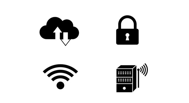 Secure cloud data transfer, wifi connectivity, and network server icons for business - Powered by Adobe