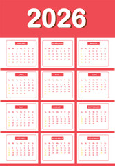 Monthly calendar layout for  Year 2026 . Diary planner for Year 2026 . Week Starts on Sunday.  