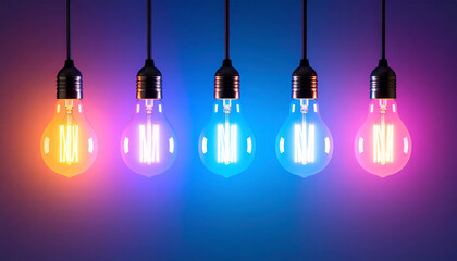 Vibrant glowing light bulbs in gradient neon colors hanging against a dark background. Perfect for creative energy, innovation, design, and futuristic concepts.