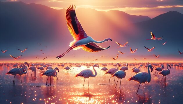 a breath taking wildlife scene depicting flamingos during golden hour or sunset - Powered by Adobe