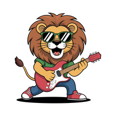 Cool Lion Playing Electric Guitar Vector Illustration