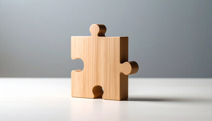 Wooden puzzle piece standing upright on plain background. Symbol of problem solving, leadership, teamwork, and innovation. Minimal business concept perfect for strategy and creative solutions.