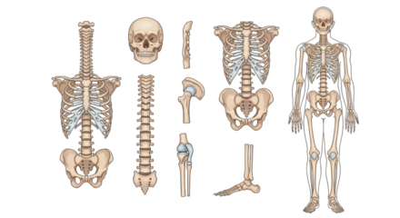 Deconstructed human skeleton illustration amidst digital distortion
