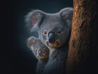 Obraz premium Two koalas, one adult and one juvenile, are nestled against a tree trunk, showcasing their soft fur and expressive eyes in a serene natural environment