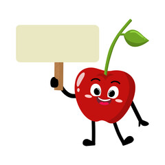 Cute Hand Drawn Cherry Holding Blank Sign