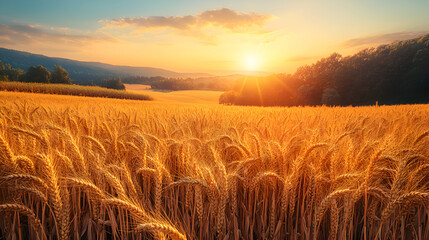 A scenic rural landscape bathed in golden light, where sustainable agriculture and precision farming techniques yield bountiful harvests