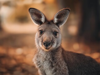 Young kangaroo with soft fur and large ears, sitting in a natural environment with blurred background, showcasing the beauty of wildlife and animal behavior
