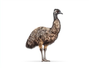 Detailed illustration of a large, flightless bird with distinctive feathers and long legs, showcasing its unique features and natural stance in a minimalist environment