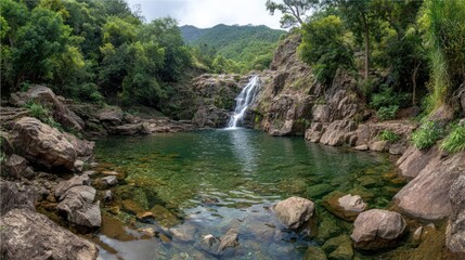 Waterfall plunges into a clear, rocky pool, surrounded by lush green foliage