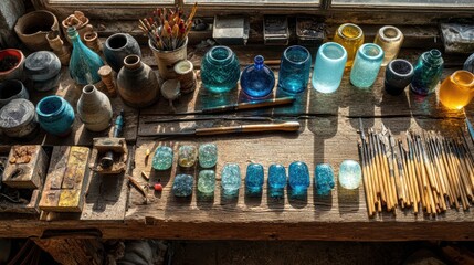 Colorful Glass Art Supplies and Tools on a Workshop Table