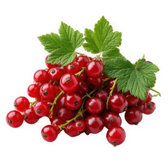 A cluster of ripe red currants with green leaves showcasing their vibrant color and fresh appearance isolated on transparent background