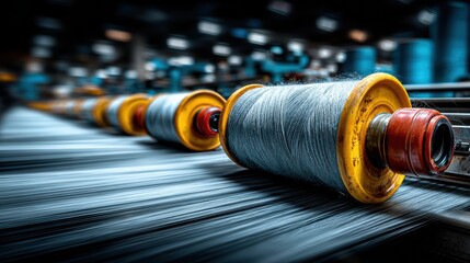 Spools of Thread on Textile Production Line in Industrial Setting