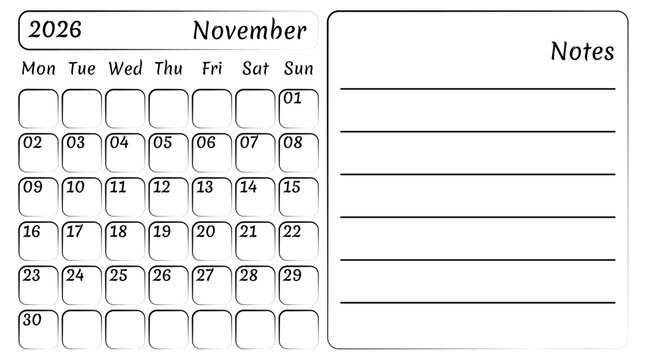 Autumn calendar November 2026 with copy space and notes. Vector, handy template of isolated monthly calendar in flat style. Possibility to add reminders, notes, plans, statistics and habits