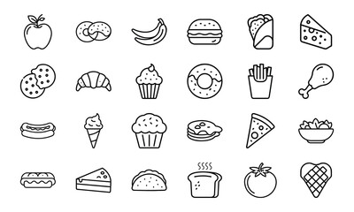 Food and Drink Line Icons Set – Fast Food, Burger, Pizza, Hotdog, Sandwich, Cupcake, Muffin, Ice Cream, Salad, Cheese, Bread, Fruits and Vegetables Outline Vector Illustrations