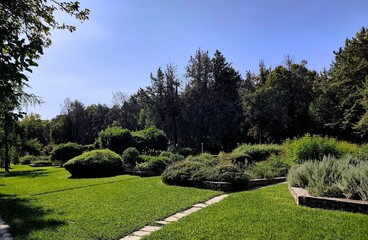 Photo of the serene Diomedes Botanical Garden in Chaidari, Attica, Greece, an enclosed green oasis with flower beds, a lily pond crossed by stepping stones, cafés, and a playground.