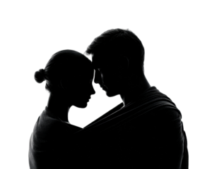 Intimate embrace of lovers minimalist silhouette isolated on transparent background, png