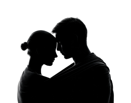 Intimate embrace of lovers minimalist silhouette isolated on transparent background, png