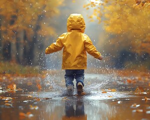 A young boy in a bright yellow raincoat splashing in a puddle on an autumn day