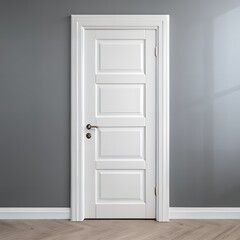 Classic white interior door with six raised panels and modern silver handle in a neutral room