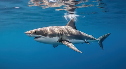 Naklejka premium Majestic Great White Shark Swimming Gracefully in Deep Blue Ocean Waters