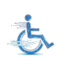 A digital representation of a person in a wheelchair with circuit board design on a black background