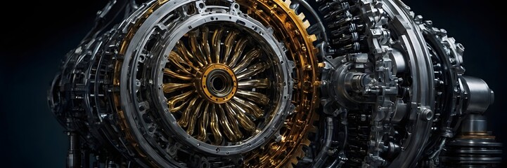 Futuristic Mechanical Engine with Gold and Silver Components in Dark Studio Setting