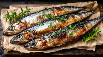 Three grilled mackerel fillets on parchment paper with rosemary sprigs.