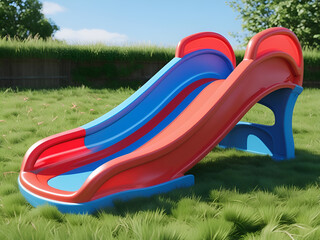 Blue and Red Plastic Children's Slide in Green Grass Park
