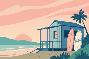 Obraz premium Small beach shack with surfboards outside.